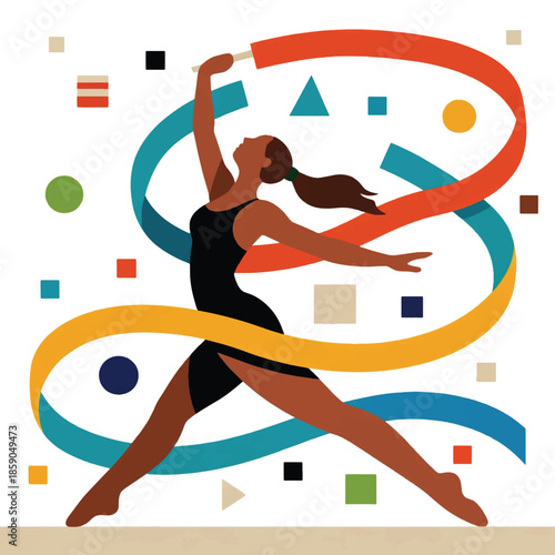 Illustration Of Rhythmic Gymnastics Athletes, Ribbons Forming Beautiful Patterns Vector Design Template
