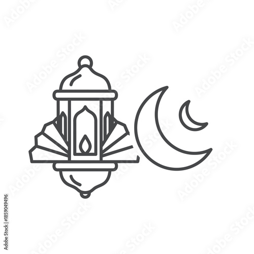 Islamic lantern and crescent moon icon, Ramadan Kareem symbol, line art illustration