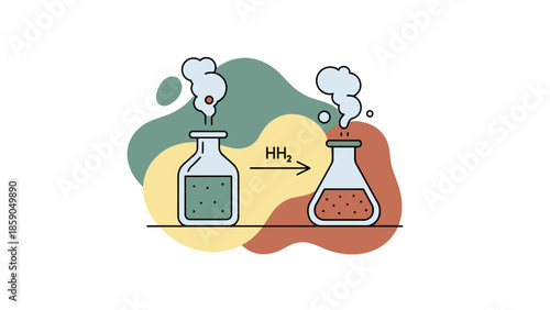 Chemical reaction illustration showing flasks with smoke and transformation process.
