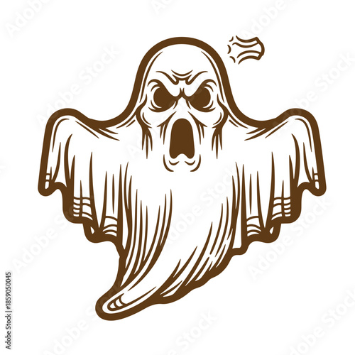 Vintage Brown ghost with spooky face and open mouth flying through air with speed lines  halloween concept