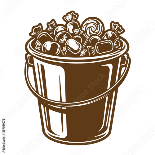 Vintage brown illustration bucket filled with assorted candies isolated on white background