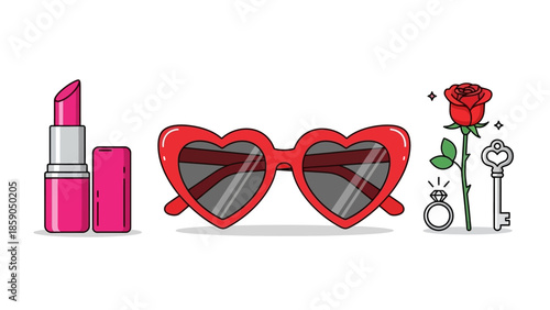 Love and Romance Elements Lipstick, Heart Sunglasses, Rose, Ring and Key for Valentine's Day