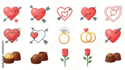 Romantic Valentine's Day Icons Hearts, Arrows, Rings, Roses, and Chocolates for Celebration