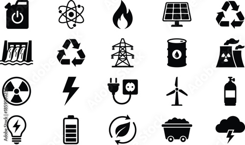 Energy power icon set, renewable electricity sustainability symbols, fuel nuclear solar wind recycle battery vector collection