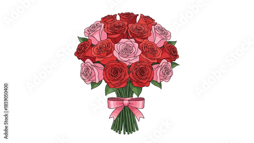 A Beautiful Bouquet of Roses, Featuring a Variety of Red and Pink Blossoms Tied with a Ribbon