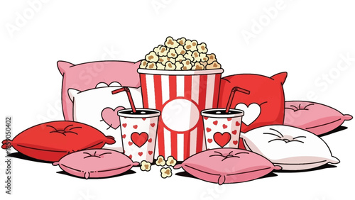 Cozy Movie Night Setup Popcorn, Drinks, and Pillows for a Romantic Evening at Home