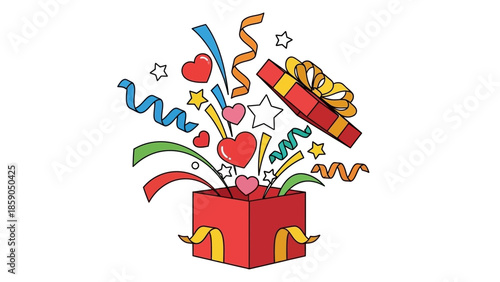 Illustration of a vibrant gift box bursting with festive elements hearts, stars, and ribbons, celebrating joy
