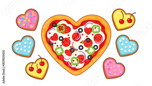 Heart-Shaped Pizza and Cookies A Delicious and Romantic Food Illustration for Valentine's Day or Celebrations