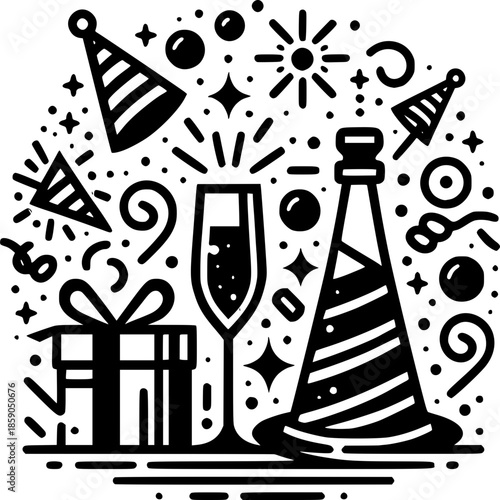 Party time: Festive vector illustration with champagne, confetti and gift box, creating a celebratory atmosphere.