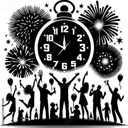 New Year's Eve Celebration: Silhouetted figures gather to celebrate the New Year, under a sky ablaze with fireworks and a clock nearing midnight, toasting to new beginnings.