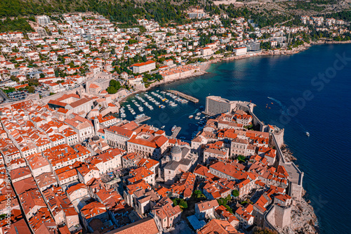 Aerial Drone Shot of Dubrovnik Marina with Yachts and Coastal Views, Croatia