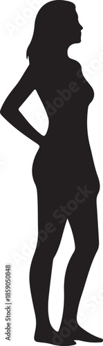 Black silhouette of a confident standing woman, minimalist design, white background.