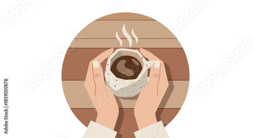 Illustrative hands gently cradle a steaming cup of coffee, creating a cozy atmosphere of warmth and comfort, perfect for a relaxing break on a wooden table.