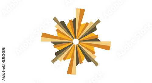 A vibrant, dynamic abstract geometric sunburst design features radiating segments in warm yellow, orange, and brown, great for modern branding and digital art.