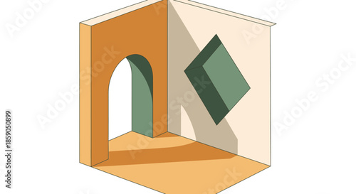 An abstract isometric illustration of a minimalist corner, with arched doorway and a diamond shape, rendered with clean lines and soft shadows.