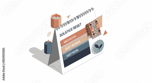 Solstice Reset planner with meditation, quiet time, and deep work sections, surrounded by calming elements like candles and nature symbols.