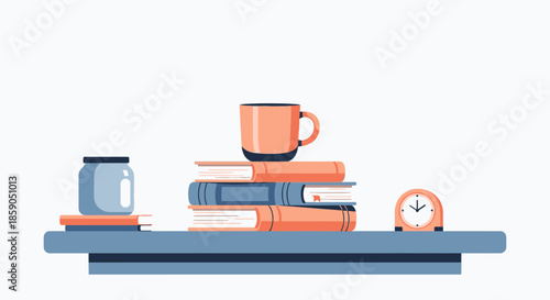 Flat design illustration of a shelf with books, a mug, a jar, and a clock, representing knowledge and relaxation.