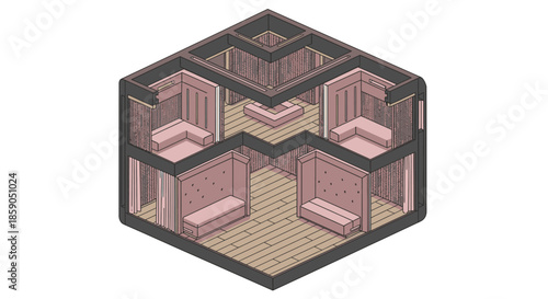Isometric view of a modern office waiting area with plush seating and a central table, minimalist design