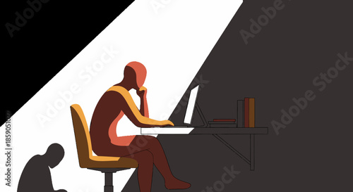 Silhouette of a person working on a laptop in a dimly lit room, symbolizing focus and dedication