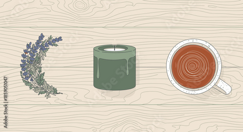 Cozy evening relaxation with lavender, candle, and hot chocolate on a wooden background