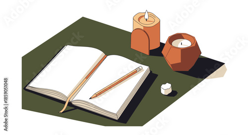 Cozy desk with open notebook, pencil, and burning candles, isometric view, creating a peaceful atmosphere for writing or journaling.
