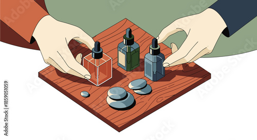 Hands arranging dropper bottles and stones on a wooden tray, representing aromatherapy, wellness, or spa treatments