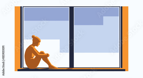 A person in silhouette sits quietly by a window, contemplating the tranquil, snowy urban view outside on a peaceful winter afternoon.