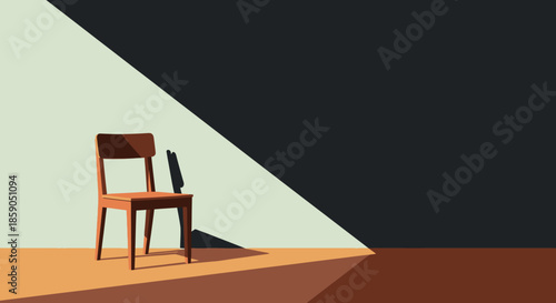 A solitary wooden chair stands in a room, dramatically lit by a sharp diagonal beam of light, evoking a feeling of introspection and quiet contemplation.