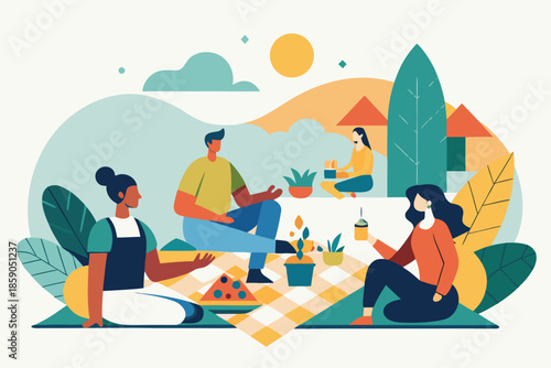 A cheerful outdoor scene shows a diverse group sharing food on a checkered blanket amid lush plants and a sunny sky, conveying warmth, togetherness, and carefree summer moments.