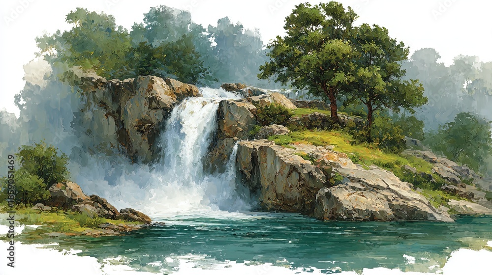 Fototapeta premium Spectacular waterfall clipart for education in watercolor style, depicting powerful cascading water from a high cliff into a misty plunge pool, isolated on white