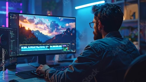 Man Editing Video on Dual Monitors in Studio