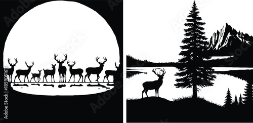 A graphic set depicting a reindeer herd and a lone stag against arctic landscapes.
