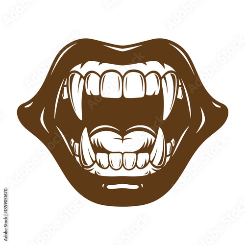 Vintage Brown vampire mouth with sharp fangs and open lips isolated on transparent background