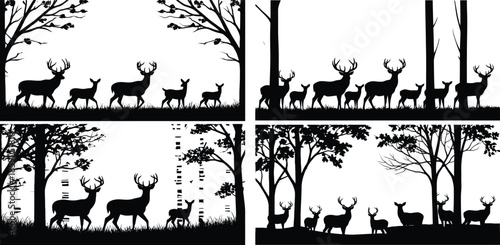 Set of reindeer herd silhouettes against a horizon with trees