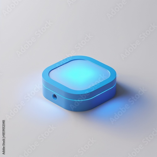 3D isometric illustration of a glowing square button in blue colors representing modern technology and interface design concept with copy space