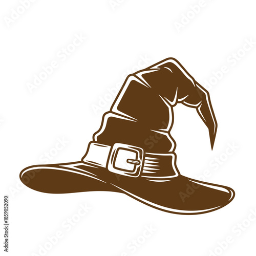 Vintage brown witch hat with white outline and buckle on transparent background