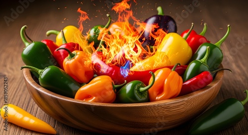 A bowl of chili peppers with fire graphic overlay.