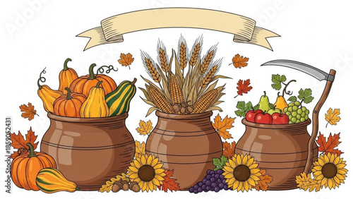 Autumn harvest pots with pumpkins, wheat, and fruits, surrounded by sunflowers and fall