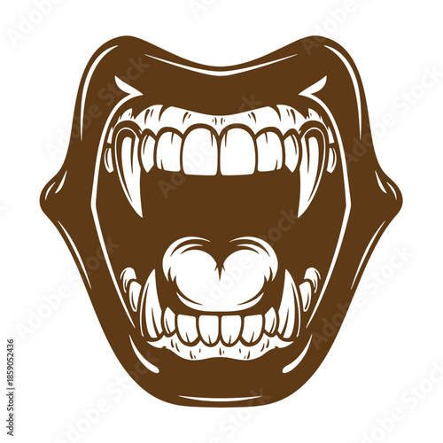 Vintage illustration of a monster mouth with fangs and sharp teeth on transparent background