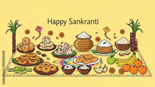 Happy sankranti festival celebration with traditional indian food and sweets on a colorful mat