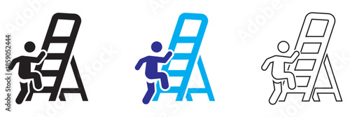 Person Climbing Ladder Icon . Simple vector icons showing a person climbing a ladder in different styles and colors, representing progress, effort, career growth, and achievement concepts.
