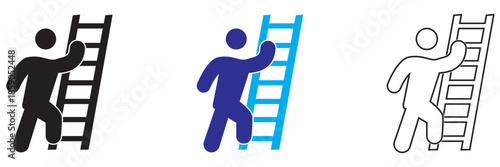 Person Climbing Ladder Icon . Simple vector icons showing a person climbing a ladder in different styles and colors, representing progress, effort, career growth, and achievement concepts.
