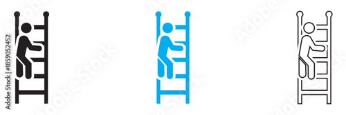 Person Climbing Ladder Icon . Simple vector icons showing a person climbing a ladder in different styles and colors, representing progress, effort, career growth, and achievement concepts.
