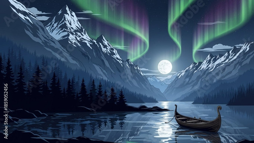 Aurora borealis over snow capped mountains, serene lake with wooden canoe at dusk