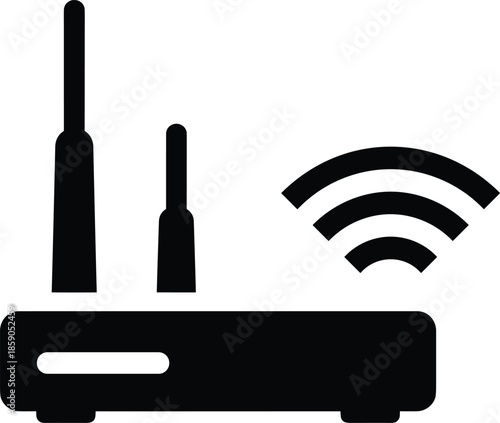 Wireless wifi router icon with signal waves and antennas, internet connection symbol, network hardware vector illustration, broadband modem silhouette isolated on white background