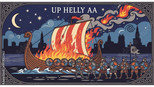 Viking warriors marching with burning longboat under starry night sky with cityscape