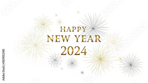 Gold text happy new year 2024 with fireworks on white background