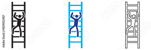 Person Climbing Ladder Icon . Simple vector icons showing a person climbing a ladder in different styles and colors, representing progress, effort, career growth, and achievement concepts.
