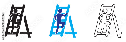 Person Climbing Ladder Icon . Simple vector icons showing a person climbing a ladder in different styles and colors, representing progress, effort, career growth, and achievement concepts.
