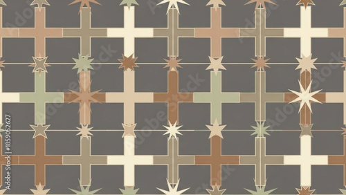 Intricate geometric pattern with starburst motifs in beige, brown, and gray hues